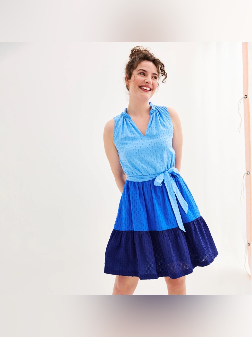 Draper James RSVP Blue Colorblock Cotton Tie Waist Midi Dress XL